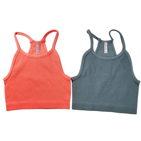 2 Tank Crop Tops Womens L/XL Halter-Style Straps Ribbed Zenana Coral Teal NEW - Picture 1 of 6